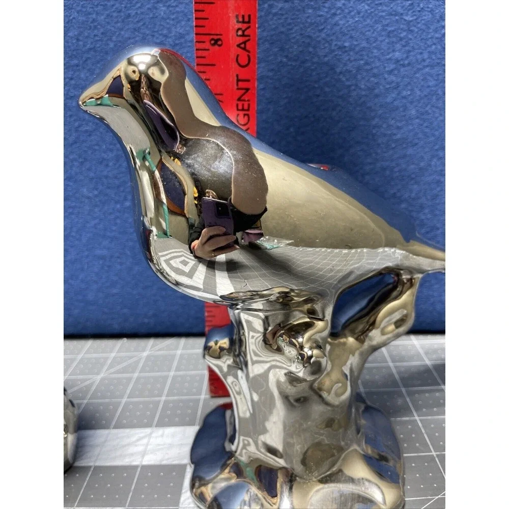 Bird Pair Ceramic Chrome Silver Mirror Finish Figurine Home Decor Style Lot Of 2